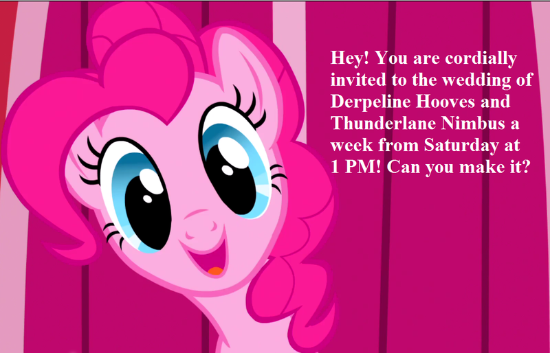 Size: 1134x729 | Tagged: applebuck season, bronybait, cropped, cute, derpibooru import, diapinkes, edit, edited screencap, happy, implied derpy, implied shipping, implied straight, implied thunderlane, implied thunderplane, implied wedding, invitation, pinkie pie, safe, screencap, text