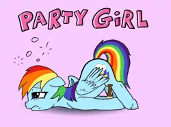 Size: 1148x848 | Tagged: safe, artist:friendshipishorses, derpibooru import, rainbow dash, pony, beer bottle, bottle, drunk, drunk bubbles, drunker dash, face down ass up, solo