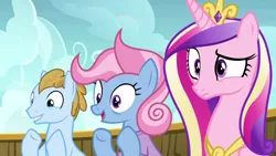 Size: 1280x720 | Tagged: safe, derpibooru import, screencap, opulence, princess cadance, sun cloche, pony, once upon a zeppelin, background pony, clapping, confused, female, las pegasus resident, male, mare, raised eyebrow, stallion, wall