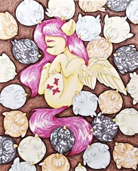 Size: 1024x1272 | Tagged: safe, artist:rysunkowasucharia, derpibooru import, fluttershy, bird, chicken, pegasus, pony, curled up, eyes closed, female, hen, hooves to the chest, mare, one wing out, overhead view, side, sleeping, smiling, solo, top down, traditional art