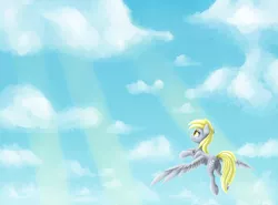 Size: 3648x2704 | Tagged: safe, artist:rysunkowasucharia, derpibooru import, derpy hooves, pegasus, pony, crepuscular rays, female, flying, looking away, looking up, mare, sky, solo, spread wings, wings