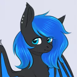 Size: 1600x1600 | Tagged: safe, artist:avrameow, derpibooru import, oc, oc:acelina, bat pony, bat pony oc, ear piercing, fangs, looking at you, piercing, sitting, smiling, solo, spread wings, ych result