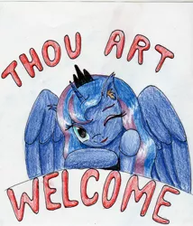 Size: 2417x2825 | Tagged: safe, artist:40kponyguy, derpibooru import, princess luna, alicorn, pony, ear fluff, floppy ears, looking at you, one eye closed, reaction image, simple background, solo, spread wings, traditional art, white background, wings, ye olde english