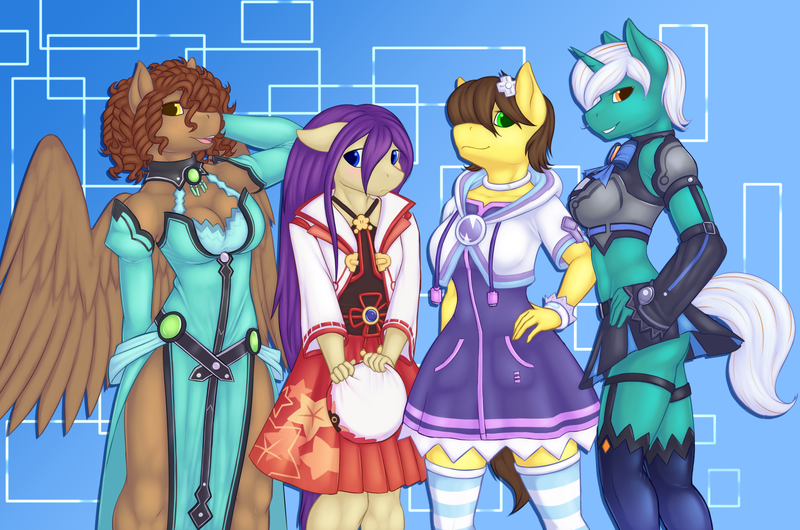 Size: 3702x2452 | Tagged: anthro, anthro oc, artist:daf, blanc, clothes, cosplay, costume, derpibooru import, group, hyperdimension neptunia, neptune, noire, oc, oc:flat spin, oc:gear, oc:generic brit, oc:qen, oc:tranquil tome, safe, vert