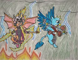 Size: 2156x1677 | Tagged: safe, artist:infinita est lux solis, derpibooru import, gallus, smolder, dragon, gryphon, dragoness, dragonfire, female, fire, lightning, saddle bag, shield, skull, staff, storm, sword, traditional art, war hammer, weapon