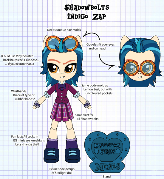 Size: 2522x2752 | Tagged: safe, artist:darkhooves, derpibooru import, indigo zap, equestria girls, friendship games, clothes, concept, crystal prep academy uniform, crystal prep shadowbolts, cute, darkhooves wastes our time, digital art, doll, equestria girls minis, goggles, graph paper, grin, high res, merchandise, mockup, rolled up sleeves, school uniform, shoes, skirt, smiling, sneakers, solo, stand, toy, wristband, zapabetes
