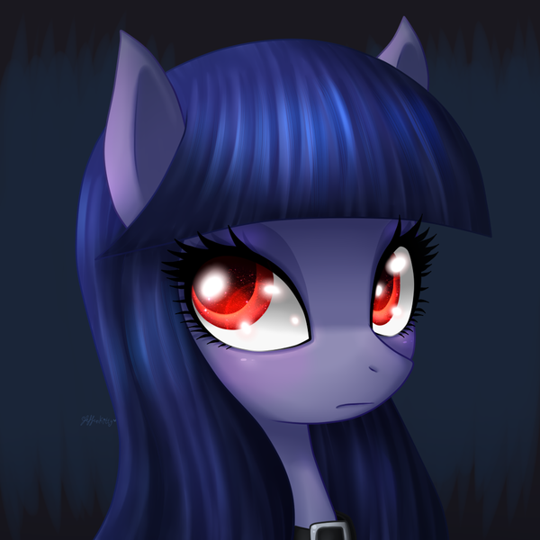 Size: 1000x1000 | Tagged: safe, artist:leffenkitty, derpibooru import, oc, oc:cosmia nebula, earth pony, pony, abstract background, blue background, bust, choker, female, lidded eyes, portrait, red eyes, signature, simple background, solo, starry eyes