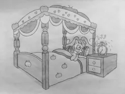 Size: 1000x750 | Tagged: safe, artist:rockingscorpion, derpibooru import, apple bloom, earth pony, pony, alarm clock, atg 2018, bed, clock, female, filly, monochrome, newbie artist training grounds, pencil drawing, sketch, solo, traditional art