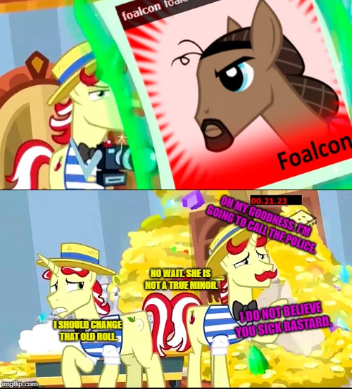 Size: 500x553 | Tagged: questionable, derpibooru import, edit, edited screencap, screencap, flam, flim, jesús pezuña, pony, derpibooru, friendship university, camera, floppy ears, fortune, glowing horn, implied foalcon, implied porn, implied twilight sparkle, inception, low quality, magic, meta, meta:foalcon, spoilered image joke, telekinesis, the big lebowski