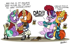 Size: 2408x1488 | Tagged: safe, artist:bobthedalek, derpibooru import, firelight, starlight glimmer, stellar flare, sunburst, pony, unicorn, anger magic, angry, bench, clothes, coffee cup, cup, father and daughter, fathers gonna father, female, jacket, magic, male, mare, mother and son, newbie artist training grounds, photo, ragelight glimmer, scarf, stallion, wallet