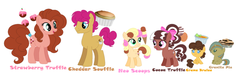 Size: 1666x546 | Tagged: safe, artist:andy-hazards, derpibooru import, oc, oc:chedder souffle, oc:cocoa truffle, oc:creme brulee, oc:granite pie, oc:neo scoops, oc:strawberry truffle, unofficial characters only, earth pony, pegasus, pony, unicorn, baby, baby pony, base used, bow, colt, female, filly, hair bow, male, mare, offspring, parent:cheese sandwich, parent:pinkie pie, parents:cheesepie, siblings, simple background, stallion, transparent background