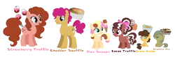 Size: 1666x546 | Tagged: safe, artist:andy-hazards, derpibooru import, oc, oc:chedder souffle, oc:cocoa truffle, oc:creme brulee, oc:granite pie, oc:neo scoops, oc:strawberry truffle, unofficial characters only, earth pony, pegasus, pony, unicorn, baby, baby pony, base used, bow, colt, female, filly, hair bow, male, mare, offspring, parent:cheese sandwich, parent:pinkie pie, parents:cheesepie, siblings, simple background, stallion, transparent background