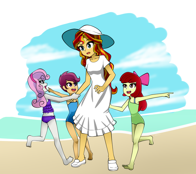 Size: 1800x1600 | Tagged: safe, artist:nekojackun, derpibooru import, apple bloom, scootaloo, sunset shimmer, sweetie belle, equestria girls, armpits, barefoot, beach, bikini, clothes, cute, cutie mark crusaders, dress, feet, female, midriff, ocean, one-piece swimsuit, sand, sundress, swimsuit, tankini