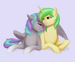 Size: 2305x1924 | Tagged: safe, artist:arsenya, derpibooru import, oc, oc:first edition, oc:silverstar, unofficial characters only, pegasus, pony, unicorn, commission, cuddling, cute, digital art, duo, eyes closed, female, high res, lesbian, mare, oc x oc, one eye closed, purple background, shipping, simple background, smiling, wink, ych result