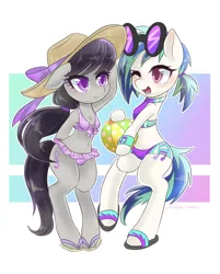 Size: 1074x1334 | Tagged: safe, artist:bbtasu, derpibooru import, octavia melody, vinyl scratch, earth pony, pony, semi-anthro, unguligrade anthro, unicorn, arm hooves, beach ball, belly button, bikini, bikini shorts, blushing, breasts, chestbreasts, clothes, cute, duo, duo female, female, flip-flops, frilled swimsuit, glasses, hat, mare, midriff, missing horn, one eye closed, open mouth, pink swimsuit, plaid swimsuit, purple swimsuit, sandals, sun hat, swimsuit, tricolor swimsuit, vinyl missing her horn, wink, wristband