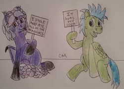 Size: 1453x1047 | Tagged: artist:rapidsnap, derpibooru import, oc, oc:amethyst shade, oc:rapidsnap, safe, shaming, stuffed, traditional art, unofficial characters only