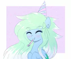 Size: 1453x1207 | Tagged: safe, artist:fluffymaiden, derpibooru import, oc, oc:amaranthine sky, unofficial characters only, pegasus, pony, blushing, cute, eyes closed, female, hat, mare, noisemaker, ocbetes, party hat, party horn, smiling, solo