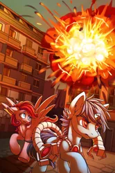 Size: 1322x1996 | Tagged: artist:dragonataxia, derpibooru import, explosion, oc, oc:luscious, oc:techno blue, safe, unofficial characters only