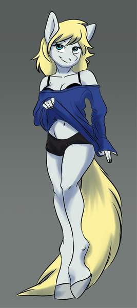 Size: 400x900 | Tagged: suggestive, artist:askometa, derpibooru import, oc, oc:rafale, unofficial characters only, anthro, earth pony, unguligrade anthro, anthro oc, bra, breasts, clothes, commission, digital art, female, gradient background, looking at you, mare, shirt, shirt lift, shorts, simple background, smiling, solo, underwear, ych result