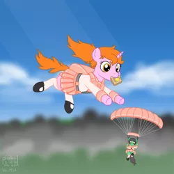 Size: 1500x1500 | Tagged: safe, alternate version, artist:phallen1, derpibooru import, oc, oc:maya northwind, oc:sadie michaels, unofficial characters only, earth pony, pony, unicorn, atg 2018, backpack, bow, bowtie, bread, clothes, falling, female, food, hair bow, looking down, newbie artist training grounds, panties, parachute, pleated skirt, ponified oc, ponytail, sailor uniform, school uniform, schoolgirl toast, shoes, skirt, skirt lift, skydiving, socks, solo focus, tail bow, toast, underwear, upskirt, white underwear