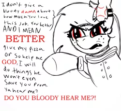 Size: 1114x1024 | Tagged: safe, artist:darkwolfhybrid, derpibooru import, oc, oc:darkius wolficus, unofficial characters only, bat pony, angry, bat pony oc, clothes, dialogue, ear piercing, edgy, freckles, gordon ramsay, piercing, pointing, red eyes, vulgar