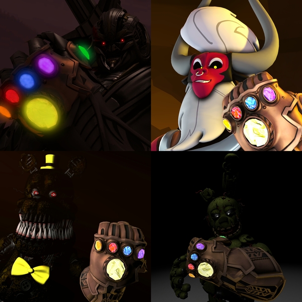 Size: 2560x2560 | Tagged: 3d, artist:jachau, artist:megatron-returns, avengers: infinity war, bayformers, crossover, derpibooru import, five nights at freddy's, five nights at freddy's 3, five nights at freddy's 4, infinity gauntlet, infinity stones, lord tirek, megatron, nightmare (animatronic), nightmare (five nights at freddy's 4), safe, source filmmaker, springtrap, this will end in disintegration, transformers, transformers the last knight, xk-class end-of-the-world scenario