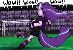 Size: 1280x883 | Tagged: safe, artist:greyscaleart, derpibooru import, starlight glimmer, twilight sparkle, pony, unicorn, eyes closed, female, football, mare, meme, multeity, soccer field, sports, starlight cluster, wow! glimmer