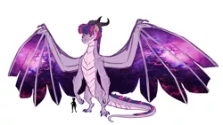 Size: 1280x724 | Tagged: alternate universe, artist:earthsong9405, bipedal, derpibooru import, dragon, dragon au, dragoness, dragonified, female, reverse dragon au, safe, simple background, size comparison, species swap, spread wings, starry wings, twilidragon, twilight sparkle, white background, wings