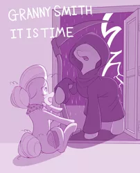 Size: 800x988 | Tagged: safe, artist:dstears, derpibooru import, part of a set, applejack, granny smith, earth pony, pony, atg 2018, cloak, clothes, dark joke, description is relevant, duo, female, grim reaper, implied applejack, lightning, mare, monochrome, newbie artist training grounds, purple, scared, scythe