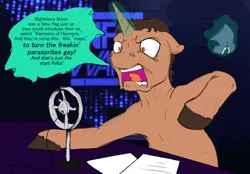 Size: 1280x890 | Tagged: safe, artist:silfoe, color edit, derpibooru import, edit, nightmare moon, ponified, pony, royal sketchbook, alex jones, angry, ask, colored, conspiracy, conspiracy theory, infowars, meme, radio, sketch, solo, tumblr, tumblr blog, tumblr comic