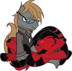 Size: 1039x1022 | Tagged: safe, artist:theeditormlp, derpibooru import, oc, oc:crimson glow, oc:the editor, unofficial characters only, earth pony, pony, clothes, female, glasses, male, mare, oc x oc, red and black oc, shipping, shirt, simple background, stallion, straight, theglow, transparent background, vector