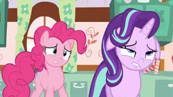 Size: 1920x1080 | Tagged: safe, derpibooru import, screencap, pinkie pie, starlight glimmer, pony, no second prances, faic, floppy ears, lip bite, open mouth, out of context, sugarcube corner, varying degrees of want