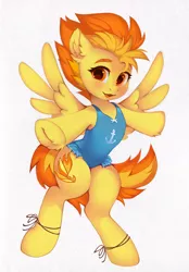 Size: 1280x1836 | Tagged: safe, artist:share dast, derpibooru import, spitfire, pegasus, pony, bipedal, clothes, commission, cute, cutefire, cutie mark, female, looking at you, mare, one-piece swimsuit, ribbon, simple background, smiling, solo, spread wings, swimsuit, t pose, white background, wings
