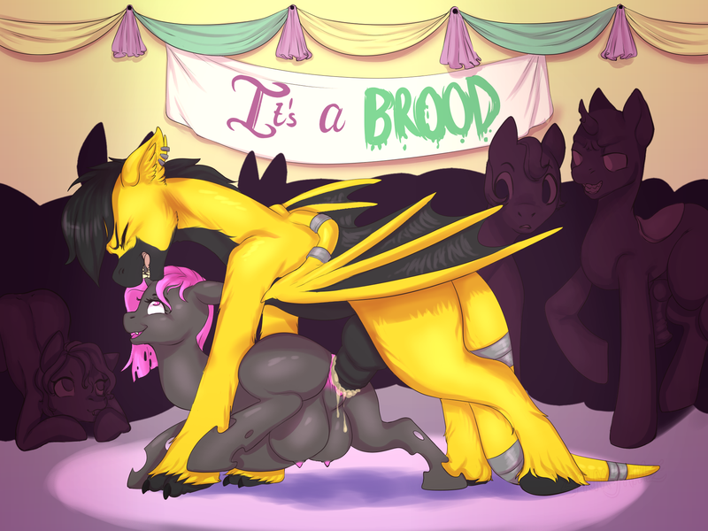 Size: 2000x1500 | Tagged: explicit, artist:spamjamz, derpibooru import, oc, oc:archex, oc:jet brasshide, oc:ova, changeling, dracony, hybrid, baby shower, broodmare, changeling oc, clopfic in description, crotchboobs, crowd, cum, exhibitionism, horsecock, impossibly large crotchboobs, knot, knotted horsecock, nipples, nudity, party, penis, pink changeling, public sex, sex, silhouette, size difference, squash soup, story included, surrounded, vaginal secretions