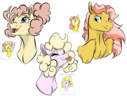 Size: 1024x768 | Tagged: safe, artist:ask-y, derpibooru import, oc, unofficial characters only, earth pony, pegasus, pony, bust, female, mare, offspring, parent:braeburn, parent:cheese sandwich, parent:flam, parent:fluttershy, parent:pinkie pie, parents:braepie, parents:cheesepie, parents:flamshy, portrait, simple background, tongue out, transparent background