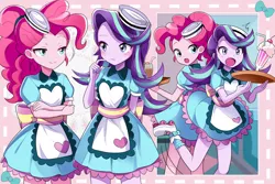 Size: 2250x1500 | Tagged: safe, artist:ryuu, derpibooru import, pinkie pie, starlight glimmer, coinky-dink world, eqg summertime shorts, equestria girls, anime, apron, clothes, cute, diapinkes, drink, duo, female, glim glam, glimmerbetes, milkshake, roller skates, server pinkie pie, straw