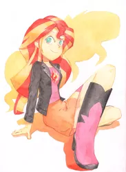 Size: 1386x1891 | Tagged: safe, artist:tyantyai_mokka, derpibooru import, sunset shimmer, equestria girls, boots, clothes, crossed legs, female, high heel boots, jacket, leather, leather jacket, marker drawing, shoes, skirt, solo, traditional art