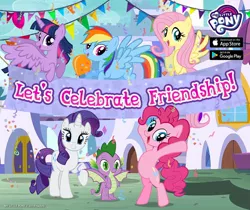 Size: 940x788 | Tagged: safe, derpibooru import, fluttershy, pinkie pie, rainbow dash, rarity, spike, twilight sparkle, twilight sparkle (alicorn), alicorn, dragon, earth pony, pegasus, pony, unicorn, background pony applejack, balloon, gameloft, looking at you, smiling, winged spike, wings