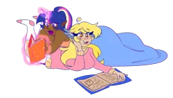 Size: 1280x721 | Tagged: artist:cubbybatdoodles, blanket, book, clothes, dark skin, derpibooru import, derpy hooves, ditzy doo, elf ears, female, horned humanization, human, humanized, lesbian, magic, rainbow ponies, rainbow power, reading, safe, shipping, simple background, socks, sweater, transparent background, twerpy, twilight sparkle, wing ears, woman