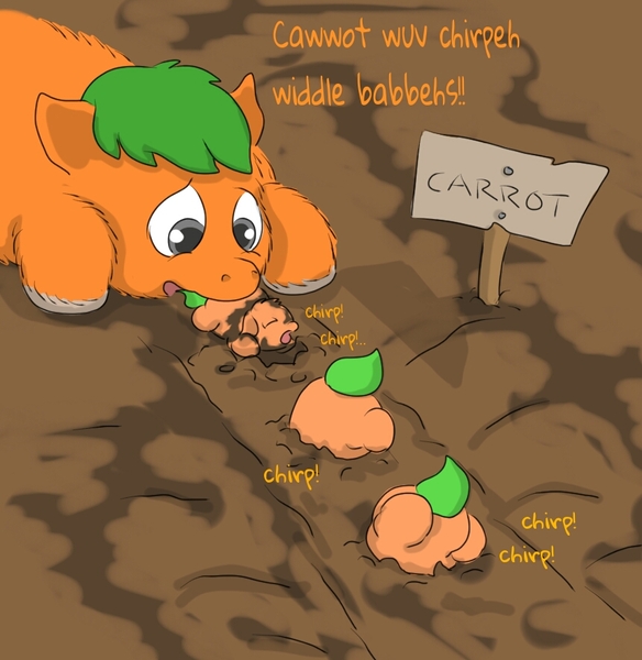 Size: 861x885 | Tagged: safe, artist:carpdime, derpibooru import, fluffy pony, carrot, chirping, dirt, fluffspeak, fluffy pony foals, food, garden fluffies, harvest, image, jpeg, newborn, weird, weirdbox