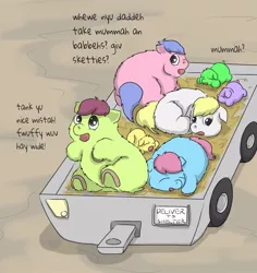 Size: 870x922 | Tagged: artist:carpdime, cropped, dead source, derpibooru import, edit, fluffy pony, fluffy pony foals, hugbox, safe, wagon