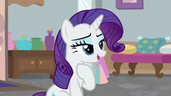 Size: 1280x720 | Tagged: safe, derpibooru import, screencap, rarity, pony, unicorn, friendship university, female, mare, open mouth, raised hoof, solo