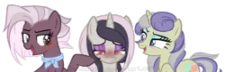 Size: 1279x414 | Tagged: safe, artist:ipandacakes, derpibooru import, oc, oc:lavender tea, oc:sand dollar, oc:topsy turvy, unofficial characters only, earth pony, hybrid, pony, female, interspecies offspring, male, mare, offspring, parent:burnt oak, parent:discord, parent:jasmine leaf, parent:princess celestia, parents:burntleaf, parents:dislestia, simple background, transparent background