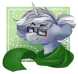 Size: 1513x1432 | Tagged: safe, artist:skylacuna, derpibooru import, oc, oc:silver light, unofficial characters only, pony, unicorn, bust, clothes, glasses, male, portrait, scarf, simple background, solo, stallion, transparent background