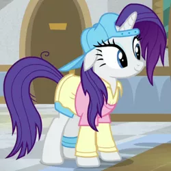 Size: 620x620 | Tagged: safe, derpibooru import, screencap, rarity, pony, unicorn, friendship university, backwards ballcap, baseball cap, cap, female, hat, mare, plainity, smiling, solo