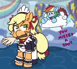 Size: 1400x1250 | Tagged: safe, artist:threetwotwo32232, derpibooru import, applejack, rainbow dash, earth pony, pegasus, pony, alternate hairstyle, animated, annoyed, bow, clothes, cloud, couch, cute, dashabetes, dialogue, duster, ear fluff, female, floating, floaty, frown, gif, glare, hair ribbon, hairband, jackabetes, looking back, maid, mare, mouth hold, no pupils, open mouth, perfect loop, pillow, pointing, prone, rainbow douche, ribbon, smiling, tail bow, unamused, underhoof, window