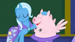 Size: 1280x720 | Tagged: a matter of principals, derpibooru import, flying pig, pig, safe, screencap, trixie