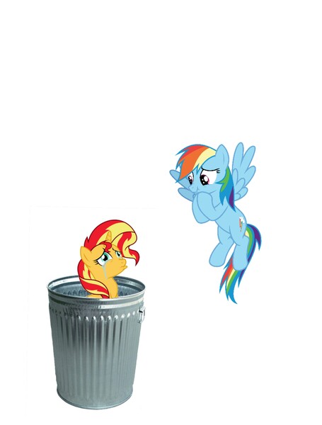 Size: 3106x4096 | Tagged: abuse, background pony strikes again, derpibooru import, downvote bait, rainbow dash, safe, shimmerbuse, simple background, sunset shimmer, sunset shimmer's trash can, trash can, white background