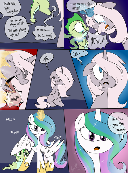 Size: 900x1214 | Tagged: semi-grimdark, artist:emositecc, derpibooru import, princess celestia, oc, oc:coca, oc:nebula, alicorn, dragon, pony, unicorn, comic:empty halls, baby, baby dragon, comic, crying, dialogue, female, floppy ears, glowing horn, hoof shoes, levitation, magic, mare, nightmare, telekinesis, teleportation