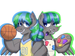 Size: 3243x2433 | Tagged: safe, artist:kindheart525, artist:sisitowe, derpibooru import, oc, oc:feather fieldgoal, oc:storm strike, unofficial characters only, pegasus, pony, kindverse, apron, basketball, clothes, jersey, paint, paintbrush, parent:blossomforth, parent:thunderlane, parents:blossomlane, simple background, sports, transparent background, twins